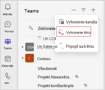Snímka obrazovky s ponukou a možnosťami na vytvorenie kanála, vytvorenie tímu alebo pripojenie sa k tímu. Ak chcete vytvoriť tím, vyberte položku Vytvoriť tím. Zobrazuje aj zoznam existujúcich tímov a kanálov.