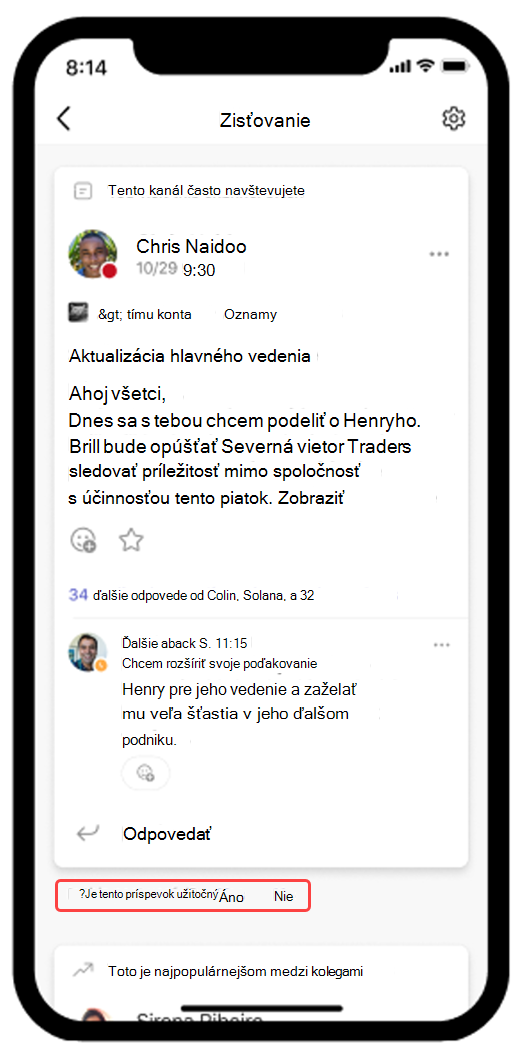 Snímka obrazovky zobrazujúca informačný kanál Teams Discover otvorený v mobilnom zariadení