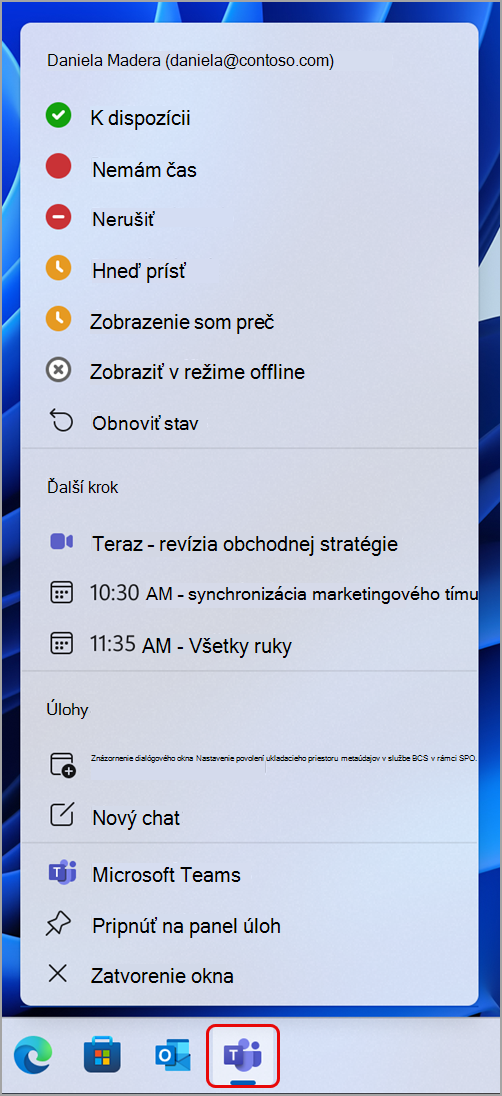 Snímka obrazovky zobrazujúca akcie, ktoré môžete vykonávať v aplikácii Teams prostredníctvom panela úloh Windowsu.