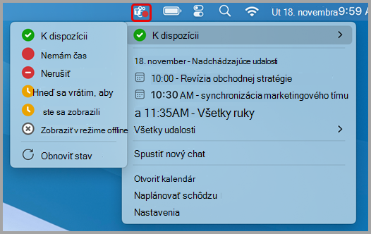 Snímka obrazovky zobrazujúca ponuku rýchlych akcií pre Teams v Macu.