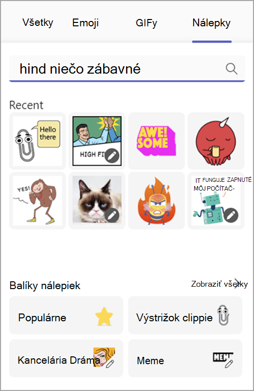 Snímka obrazovky zobrazujúca meme a nálepky vo výbere zábavy