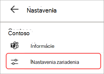 Snímka obrazovky používateľského rozhrania nastavení zariadenia zvýrazneného na paneli Teams