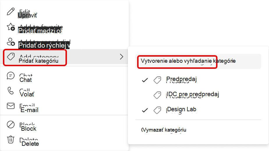 Snímka obrazovky s ponukou Pridať kontakt do kategórie