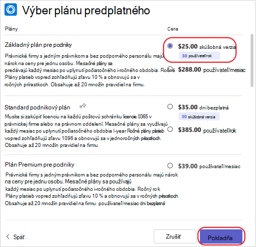 Výber plánu predplatného pre aplikáciu