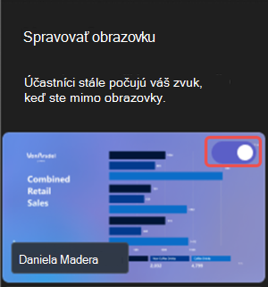 Snímka obrazovky so zvýraznením spôsobu zdieľania viditeľného obsahu počas podujatia cez Microsoft Teams.