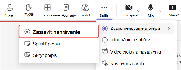 Snímka obrazovky so zvýraznením, ako zastaviť nahrávanie počas stretnutia so zamestnancami