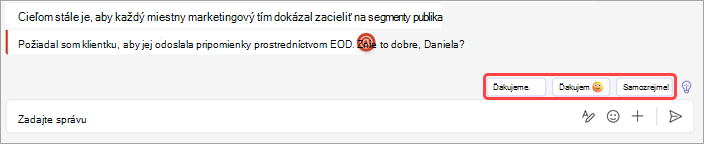 Snímka obrazovky zobrazujúca navrhované odpovede v chate