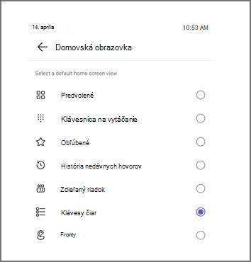 Ponuka na výber predvoleného zobrazenia domovskej obrazovky s aktuálne vybratou položkou Klávesy čiary.