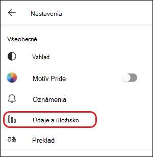 Nastavenie mobilných údajov a úložiska v aplikácii
