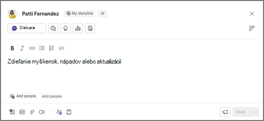 Textové vstupné pole s označením Môj scenár a tlačidlo Diskusia, možnosti formátovania a zástupné objekty na zdieľanie, pridávanie ľudí a uverejňovanie.