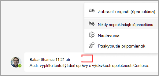 Výberom možností prekladu nad preloženou správou zobrazíte viac možností.
