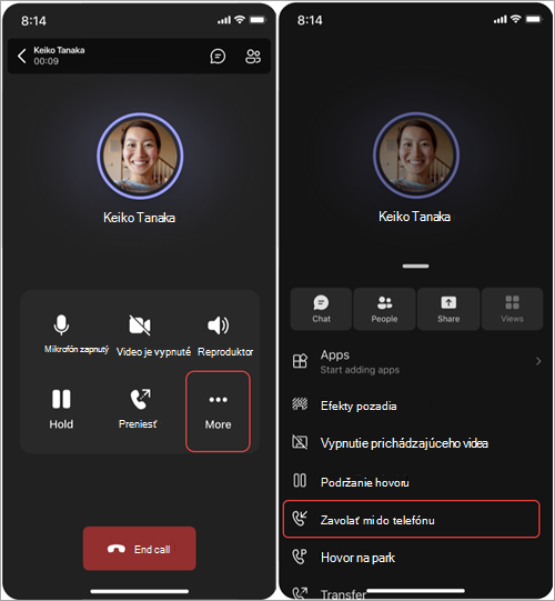 Snímka obrazovky znázorňujúca kroky na presun hovoru z mobilného telefónu do mobilného telefónu cez Teams