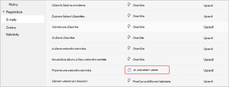 Snímka obrazovky s návodom na úpravu času odoslania e-mailov s pripomenutím webinára