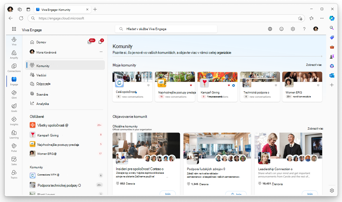Snímka obrazovky zobrazuje úvodnú stránku komunity s oficiálnymi komunitami.
