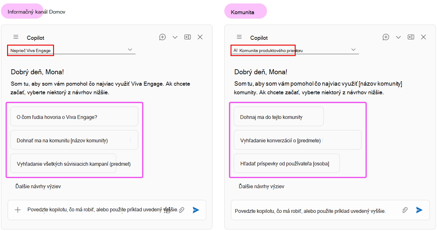 Kontext ovplyvňuje, čo vám Copilot ponúka pre predvolené dotazy.