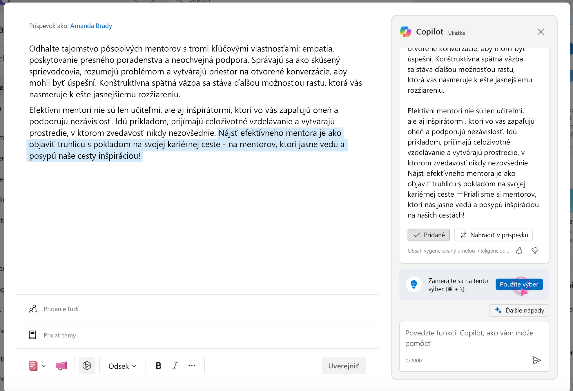 Snímka obrazovky ukazuje, ako zúžiť zameranie na konkrétny text v službe Copilot.