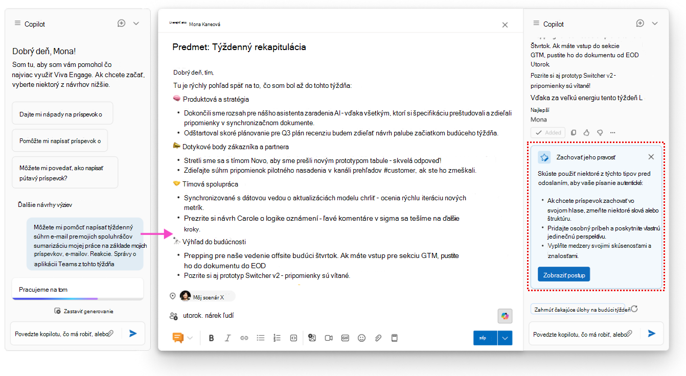Pomoc pri písaní pomocou Copilota môže poskytnúť štylistické a praktické podnety na posilnenie vášho prístupu k dôležitej skupinovej komunikácii a odpovediam