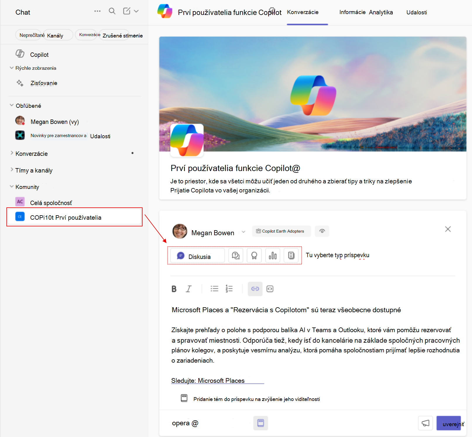 Snímka obrazovky, ktorá ilustruje, ako vyzerá vytvorenie nového príspevku komunity Engage v aplikácii Teams