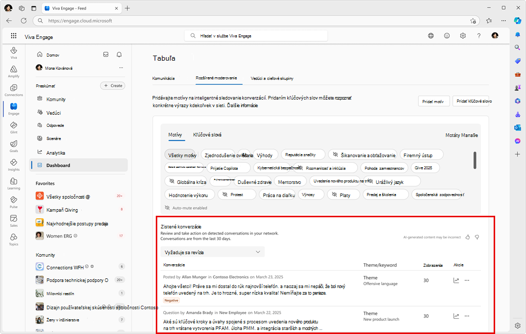 Sekcia Zistené konverzácie na reagovanie na zistené zodpovedajúce udalosti