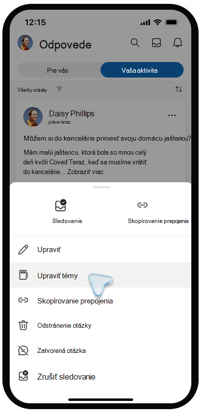 Snímka obrazovky ponuky na úpravu tém v Viva Engage v mobilnom zariadení.