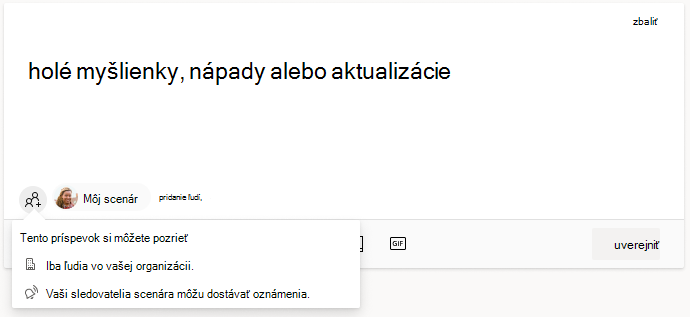 Rozhranie na pridávanie ľudí do príspevku scenára v službe Viva Engage