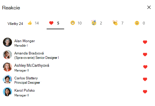 Snímka obrazovky zobrazujúca reakcie na konverzácie cez Yammer