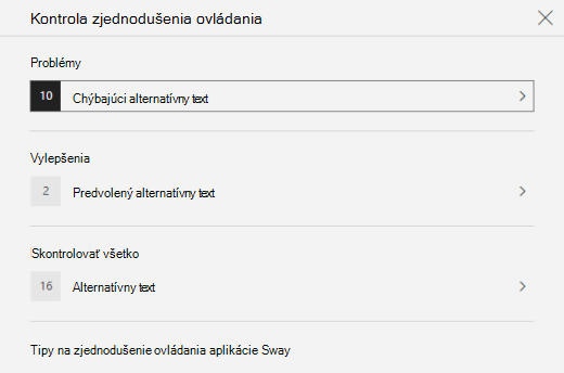 Tabla Kontrola zjednodušenia ovládania zobrazujúca problémy s alternatívnym textom vo Swayi.