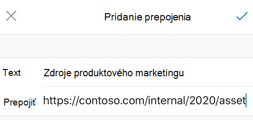 Dialógové okno Pridanie prepojenia v Outlooku pre iOS.