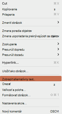 Možnosť Zobraziť alternatívny text v kontextovej ponuke v PowerPoint pre Mac.