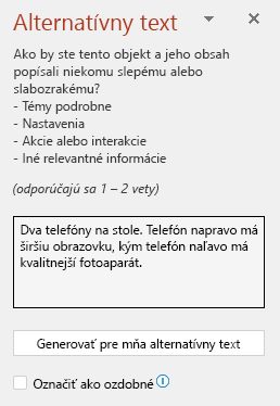 Tabla alternatívneho textu zobrazujúca príklad dobrého alternatívneho textu.
