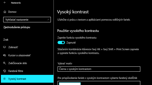 Zapnite vysoký kontrast v aplikácii Nastavenia vo Windowse 10.
