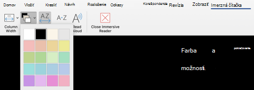 Ponuka imerznej čítačky pre farbu strany vo Word pre Mac.