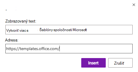 Dialógové okno Vložiť prepojenie vo OneNote pre web.