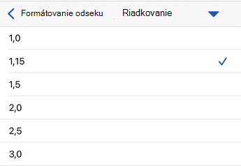 Možnosti riadkovania vo Word pre iOS.