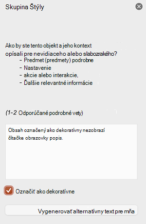 Políčko Označiť ako dekoratívne začiarknuté na table Alternatívny text v PowerPoint pre Mac.