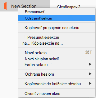 Kontextová ponuka sekcie v Macu so zvýraznenou časťou Odstrániť sekciu.