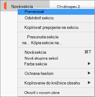 Kontextová ponuka sekcie so zvýraznenou časťou Premenovať sekciu.