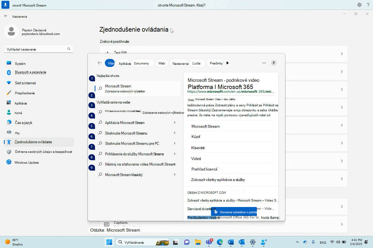 Dialógové okno na otvorenie služby Microsoft Stream s hlasovým prístupom Windows.