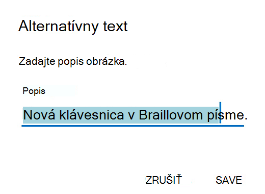 Dialógové okno alternatívneho textu v Outlooku pre Android.