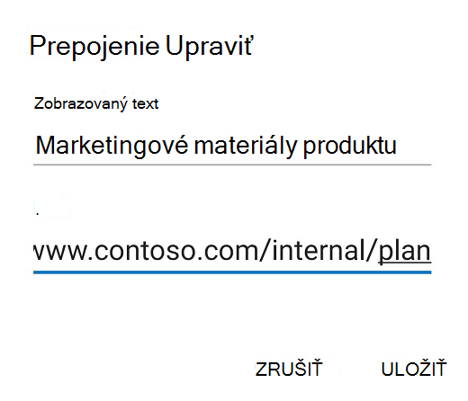 Dialógové okno Prepojenie na úpravy v Outlooku pre Android.
