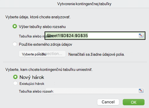 Dialógové okno Vytvorenie kontingenčnej tabuľky v Macu.