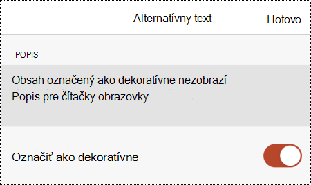 Vybratá možnosť Označiť ako dekoratívne v dialógovom okne Alternatívny text v PowerPointe pre iOS.