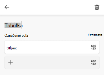 Textové pole Názov tabuľky v Exceli pre Android