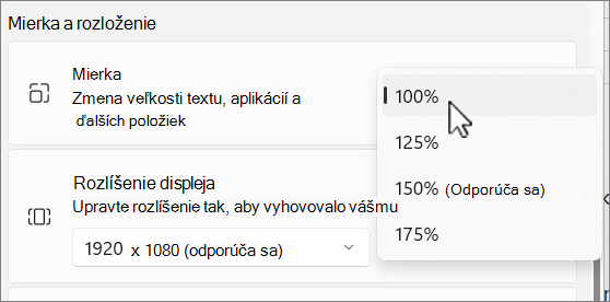 Snímka obrazovky s možnosťami mierky a rozloženia.