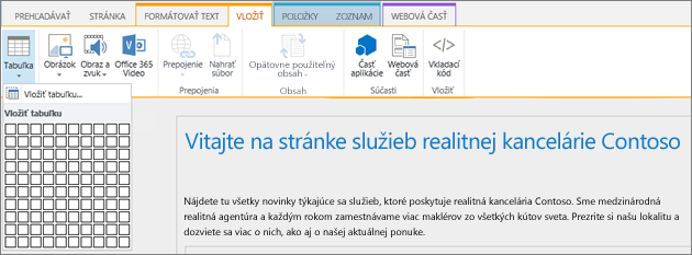 Snímka obrazovky znázorňuje pás s nástrojmi SharePointu Online. Vyberte kartu Vložiť a potom výberom položky Vložiť tabuľku zadajte počet riadkov a stĺpcov pre novú tabuľku.