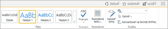 Snímka obrazovky s časťou pása s nástrojmi v SharePointe Online s ovládacími prvkami Zdieľať, Sledovať a Uložiť.