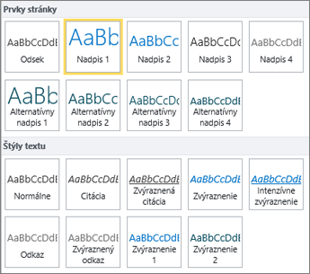 Snímka obrazovky s položkami Prvky stránky a Štýly textu dostupnými v skupine Štýly na páse s nástrojmi v SharePointe Online.