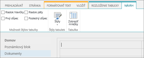 Snímka obrazovky pása s nástrojmi v SharePointe Online. Na karte Návrh môžete začiarknuť políčka pre riadok hlavičky, riadok päty, prvý stĺpec a posledný stĺpec v tabuľke a tiež vybrať niektorý zo štýlov tabuliek a určiť, či chcete v tabuľke použiť čiary mriežky.