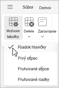 Ponuka Možnosti tabuľky zobrazujúca vybratú možnosť Riadok hlavičky v Outlook na webe.