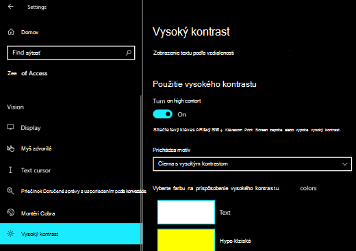 Možnosti vysokého kontrastu vo Windowse s vybratou čiernou farbou vysokého kontrastu.